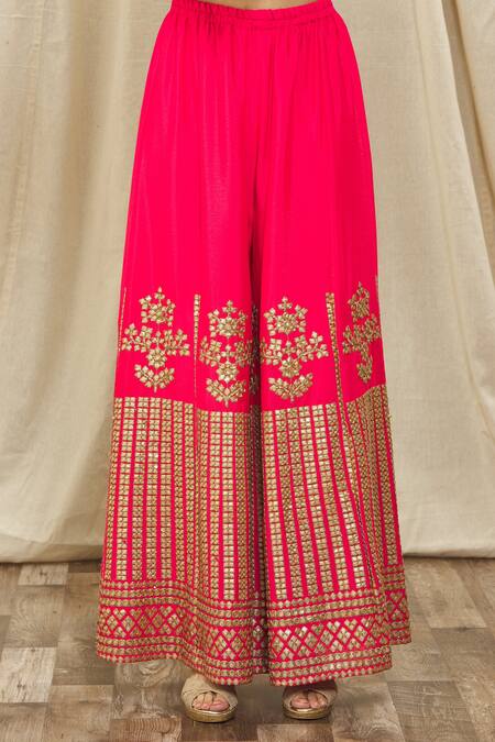 Samyukta Singhania Pink Chiffon, Cotton Embroidery, Sequins, Gota Kurta Set With Palazzo And Dupatta at Aza Fashions Samyukta Singhania_Pink Chiffon, Cotton Embroidery, Sequins, Gota Kurta Set With Palazzo And Dupatta_at_Aza_Fashions