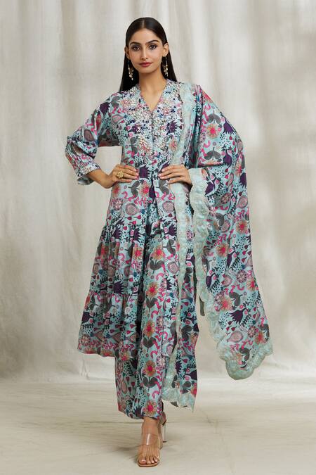 Buy Divya Kanakia Blue Crepe Diamonds, Crystals, Pearls, Sequins V-neck Printed Layered Kurta Set Online at Aza Fashions Buy_Divya Kanakia_Blue Crepe Diamonds, Crystals, Pearls, Sequins V-neck Printed Layered Kurta Set _Online_at_Aza_Fashions