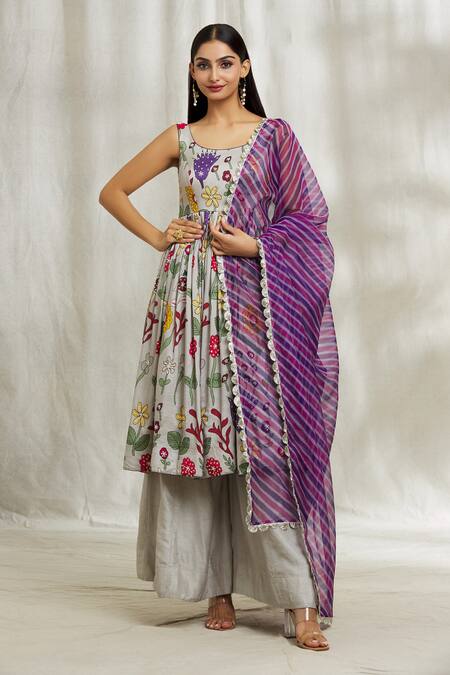 Buy_Divya Kanakia_Grey Silk, Organza Embroidery, Pearls, Sequins, Beads Floral Print Anarkali Set _Online_at_Aza_Fashions