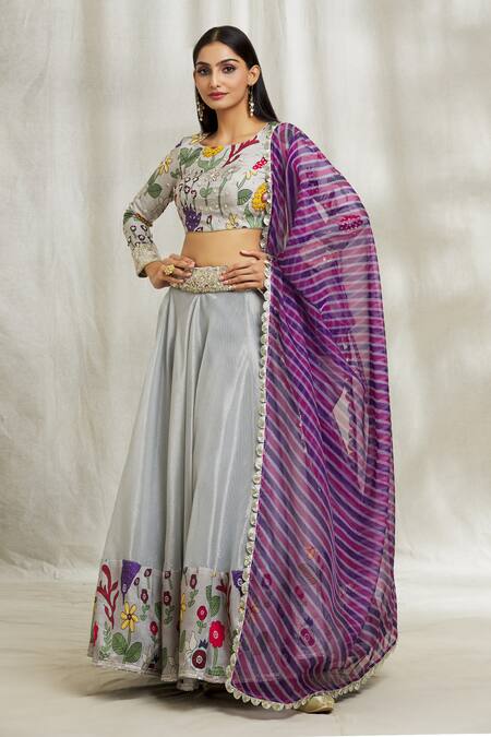 Buy_Divya Kanakia_Grey Silk, Organza Embroidery, Sequins, Pearls, Placement Printed Lehenga Set _Online_at_Aza_Fashions