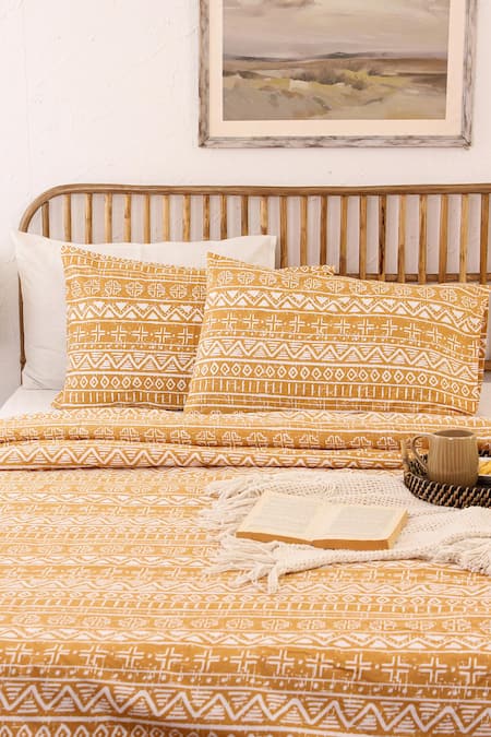 House This Yellow Cotton Ethnic Stripe Print Kullu Patti Duvet Cover 