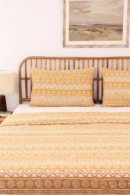 House This_Yellow Cotton Ethnic Stripe Print Kullu Patti Duvet Cover_Online_at_Aza_Fashions
