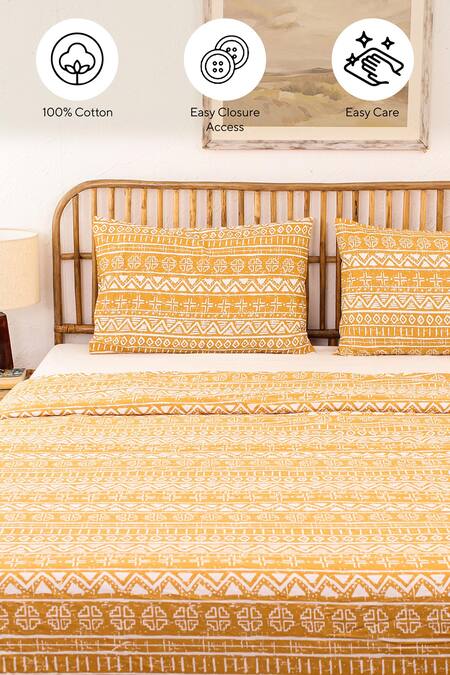 Shop_House This_Yellow Cotton Ethnic Stripe Print Kullu Patti Duvet Cover_Online_at_Aza_Fashions