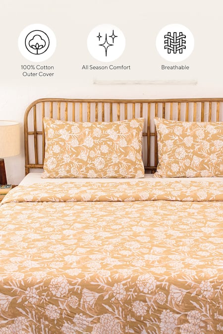 House This_Beige Cotton, 60 Gsm Polyfill Botanical Print Genda Phool Dohar_at_Aza_Fashions