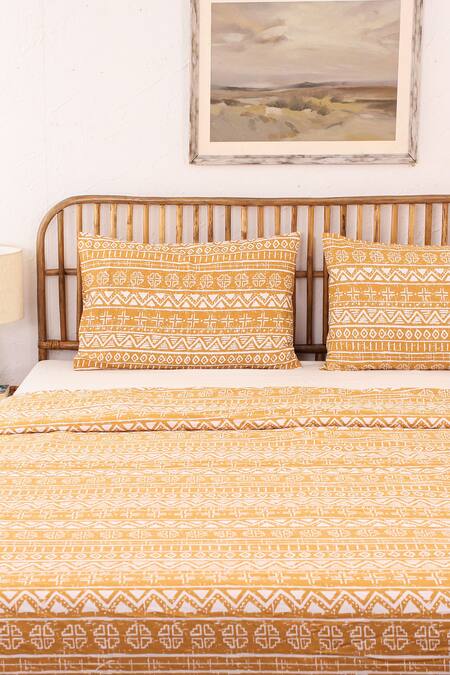 Buy_House This_Yellow Cotton, 60 Gsm Polyfill Ethnic Print Kullu Patti Stripe Dohar_Online_at_Aza_Fashions