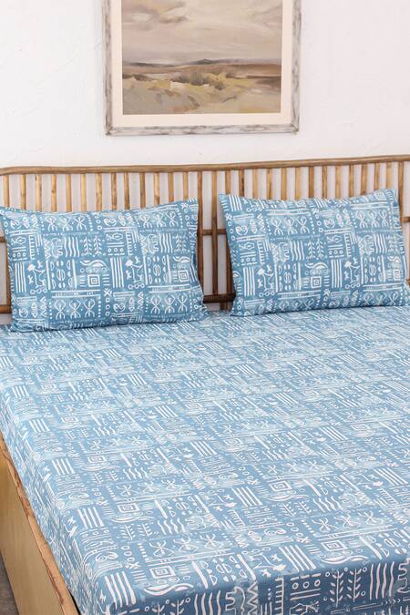 Ethnic Blue Cotton Double Bed Sheet With Pillow Cover