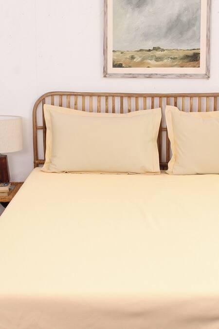 Buy_House This_Beige Cotton Satin Ginger Solid Fitted Bedsheet Set_Online_at_Aza_Fashions