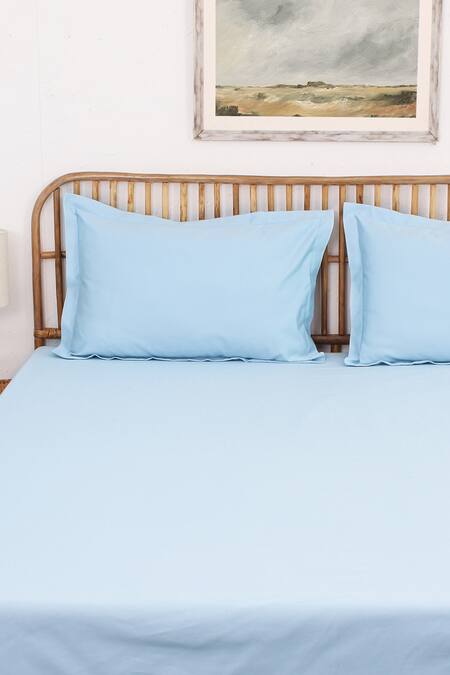Buy_House This_Blue Cotton Satin Juniper Solid Fitted Bedsheet Set_Online_at_Aza_Fashions