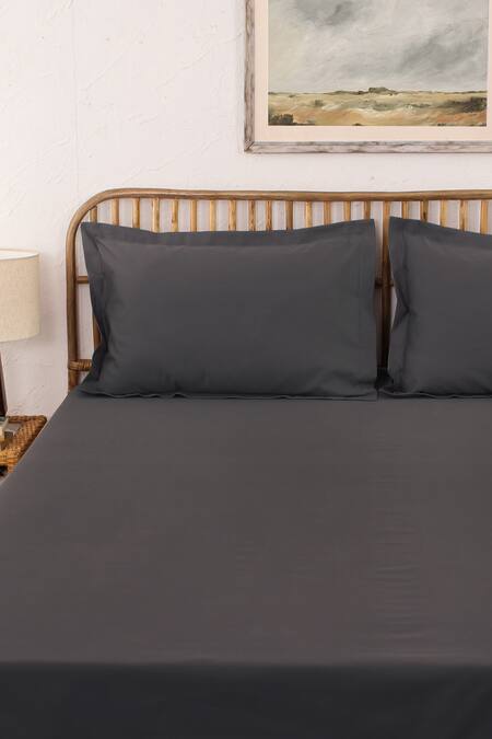 Buy_House This_Grey Cotton Satin Pepper Solid Fitted Bedsheet Set_Online_at_Aza_Fashions