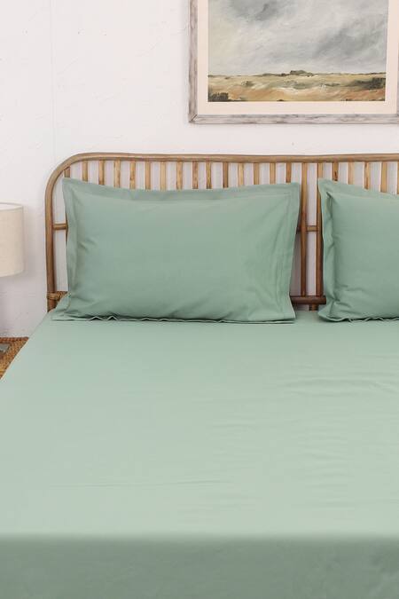 Buy_House This_Green Cotton Satin Sage Solid Fitted Bedsheet Set_Online_at_Aza_Fashions