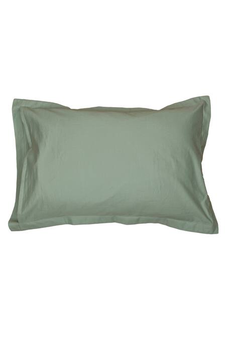 Shop_House This_Green Cotton Satin Sage Solid Fitted Bedsheet Set_Online_at_Aza_Fashions