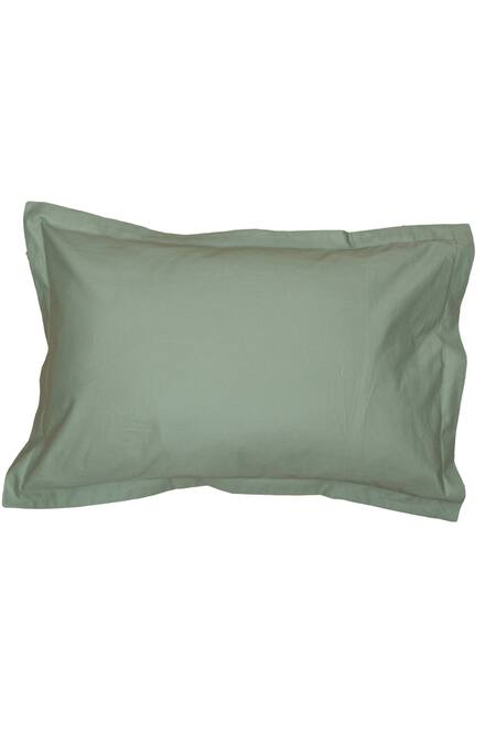House This_Green Cotton Satin Sage Solid Fitted Bedsheet Set_at_Aza_Fashions
