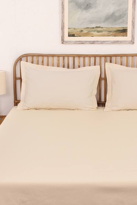 Buy_House This_Off White Cotton Satin Sesame Solid Fitted Bedsheet Set_Online_at_Aza_Fashions