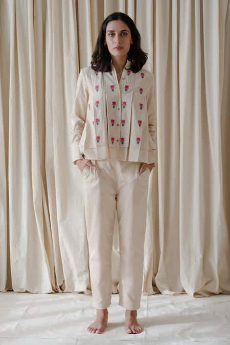 Vanaras Beige Organic Cotton Embroidered Floral Stand Collar April Rae Top And Pant Set 