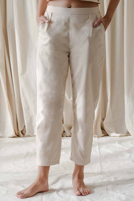 Vanaras_Beige Cotton Embroidery Collared April Rae Floral Top And Pant Set_Online_at_Aza_Fashions