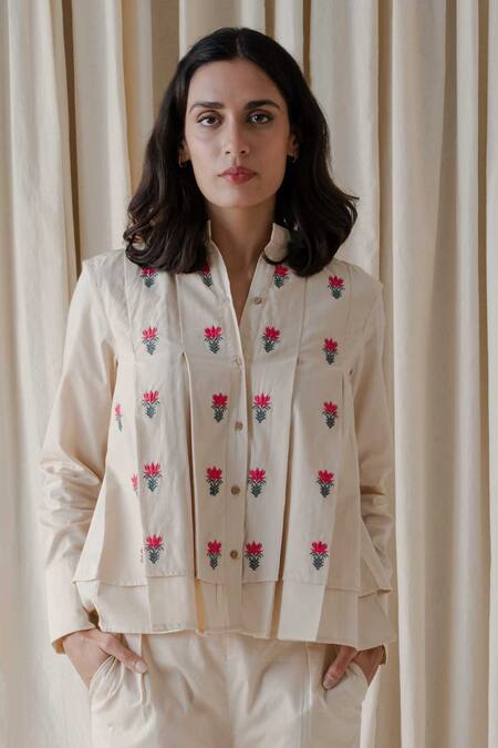 Shop_Vanaras_Beige Cotton Embroidery Collared April Rae Floral Top And Pant Set_Online_at_Aza_Fashions