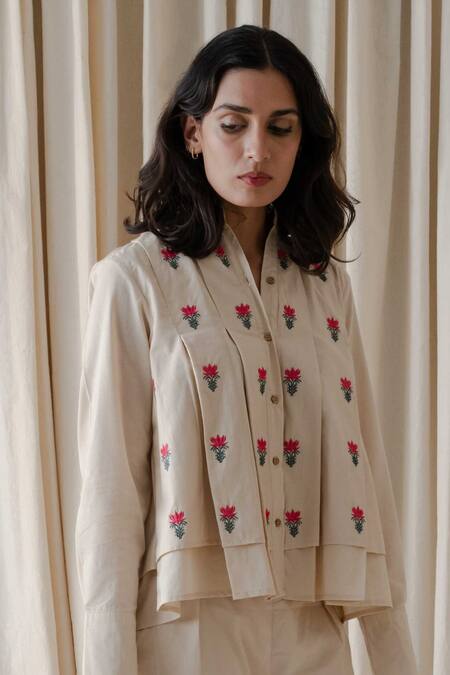 Vanaras_Beige Cotton Embroidery Collared April Rae Floral Top And Pant Set_at_Aza_Fashions