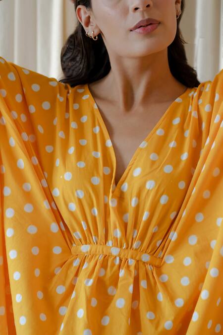 Vanaras_Yellow Cotton V-neck Dahlia Polka Dot Print Kaftan_Online_at_Aza_Fashions