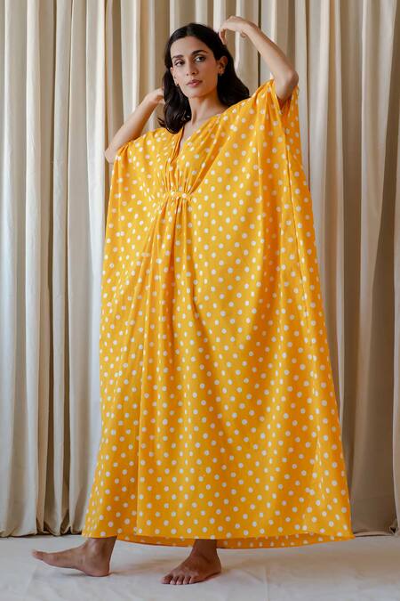 Buy_Vanaras_Yellow Cotton V-neck Dahlia Polka Dot Print Kaftan_Online_at_Aza_Fashions