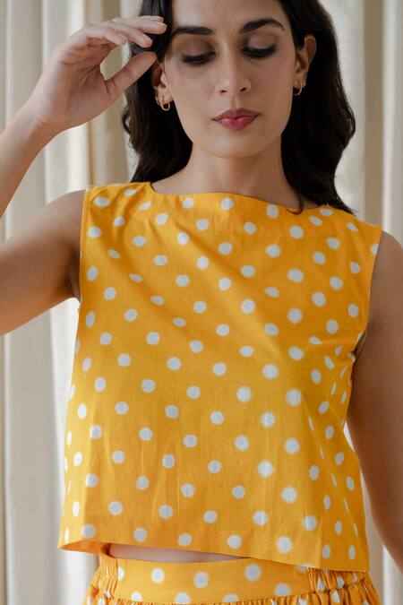 Vanaras_Yellow Cotton Boat Neck Polka Dot Block Print Top And Skirt Set_Online_at_Aza_Fashions