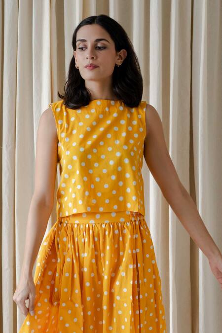 Buy_Vanaras_Yellow Cotton Boat Neck Polka Dot Block Print Top And Skirt Set_Online_at_Aza_Fashions