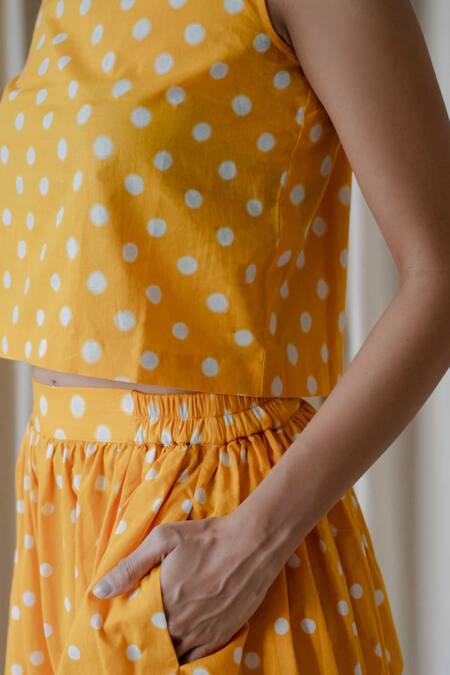 Shop_Vanaras_Yellow Cotton Boat Neck Polka Dot Block Print Top And Skirt Set_Online_at_Aza_Fashions