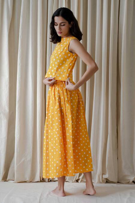 Vanaras_Yellow Cotton Boat Neck Polka Dot Block Print Top And Skirt Set_at_Aza_Fashions