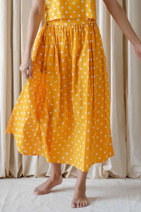 Buy_Vanaras_Yellow Cotton Boat Neck Polka Dot Block Print Top And Skirt Set