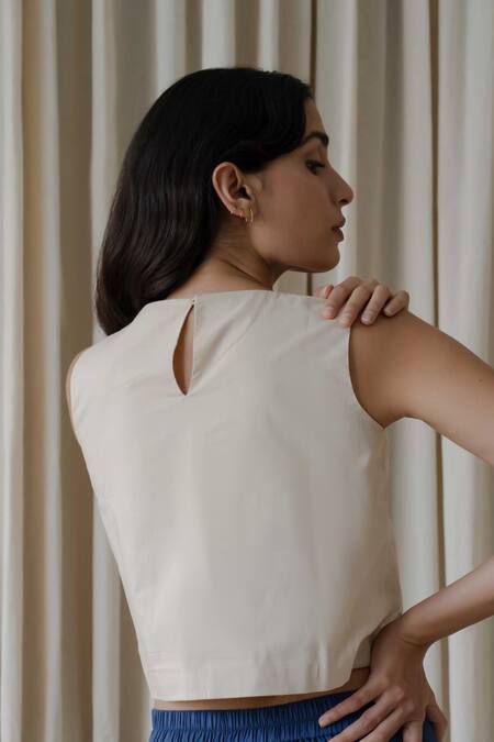 Shop Vanaras Beige Cotton Embroidery Boat Neck Holly Rayne Patch Work Top With Pant at Aza Fashions Shop_Vanaras_Beige Cotton Embroidery Boat Neck Holly Rayne Patch Work Top With Pant_at_Aza_Fashions