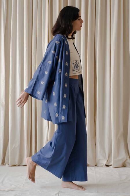 Shop_Vanaras_Beige Cotton Embroidery Boat , Open Holly Nova Shrug Rayne Pant Set_Online_at_Aza_Fashions