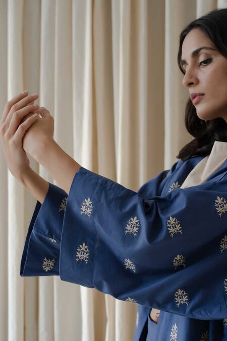 Vanaras_Beige Cotton Embroidery Boat , Open Holly Nova Shrug Rayne Pant Set_at_Aza_Fashions