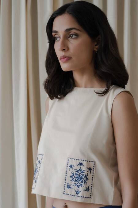 Shop_Vanaras_Beige Cotton Embroidery Boat , Open Holly Nova Shrug Rayne Pant Set