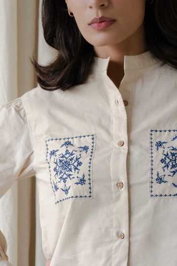 Shop_Vanaras_Beige Cotton Embroidery Mandarin Collar Cora Shirt Top With Pant_Online_at_Aza_Fashions