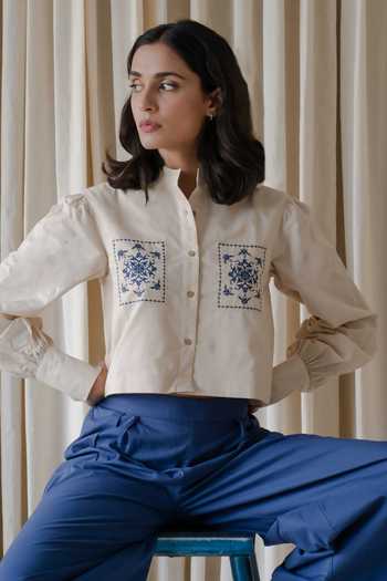 Vanaras_Beige Cotton Embroidery Mandarin Collar Cora Shirt Top With Pant_at_Aza_Fashions