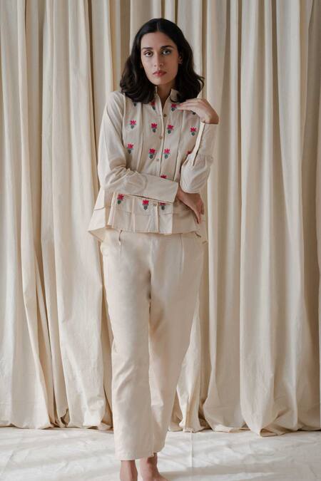 Vanaras_Beige Cotton Embroidery Mandarin Collar April Lotus Shirt Top_Online_at_Aza_Fashions