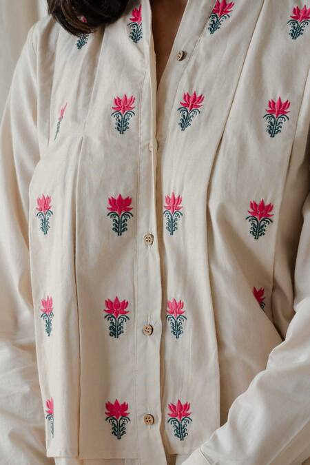 Buy_Vanaras_Beige Cotton Embroidery Mandarin Collar April Lotus Shirt Top_Online_at_Aza_Fashions