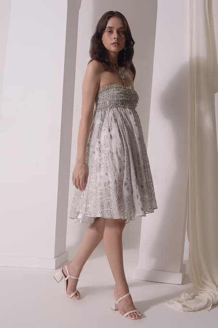 Shwetanga White Organza Tassels, Foil Printing Sweetheart Neck Embellished Dress Online at Aza Fashions Shwetanga_White Organza Tassels, Foil Printing Sweetheart Neck Embellished Dress _Online_at_Aza_Fashions