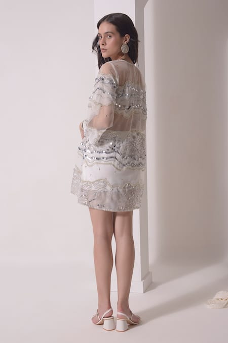 Shop Shwetanga White Muslin, Organza, Crepe Sequins Round Neck Wave Patch Work Shift Dress at Aza Fashions Shop_Shwetanga_White Muslin, Organza, Crepe Sequins Round Neck Wave Patch Work Shift Dress _at_Aza_Fashions