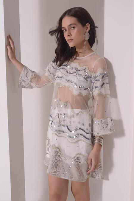 Shwetanga White Muslin, Organza, Crepe Sequins Round Neck Wave Patch Work Shift Dress Online at Aza Fashions Shwetanga_White Muslin, Organza, Crepe Sequins Round Neck Wave Patch Work Shift Dress _Online_at_Aza_Fashions