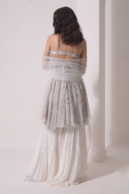 Shwetanga_White Organza, Crepe, Muslin Tassels, Foil Embellished Tunic Sharara Set _Online_at_Aza_Fashions
