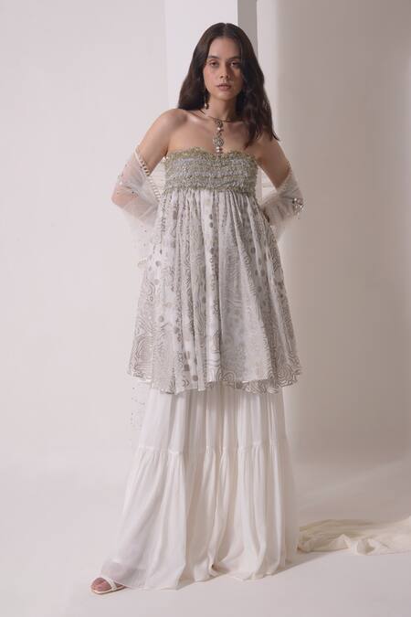 Shwetanga_White Organza, Crepe, Muslin Tassels, Foil Embellished Tunic Sharara Set _at_Aza_Fashions
