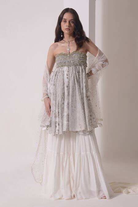 Buy_Shwetanga_White Organza, Crepe, Muslin Tassels, Foil Embellished Tunic Sharara Set 