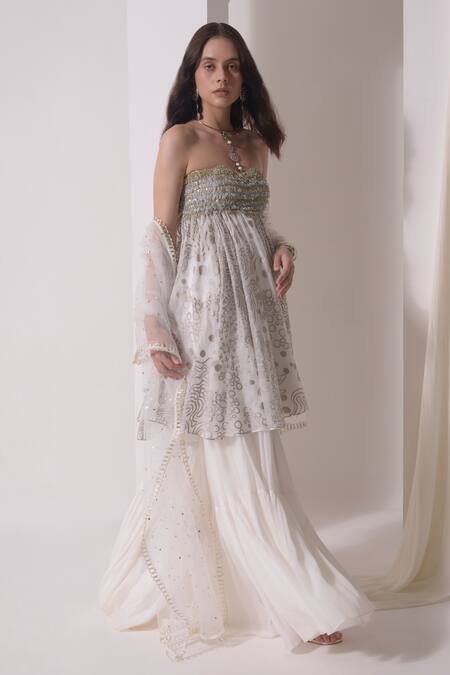 Shop_Shwetanga_White Organza, Crepe, Muslin Tassels, Foil Embellished Tunic Sharara Set 