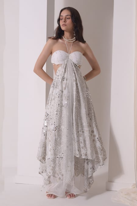 Shwetanga_White Organza, Crepe, Muslin Sequins, Ruched Asymmetric Tunic With Flared Pant _Online_at_Aza_Fashions