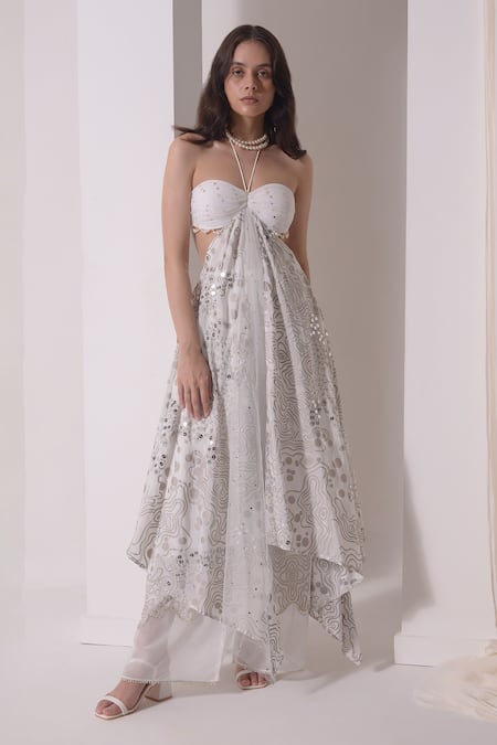 Buy_Shwetanga_White Organza, Crepe, Muslin Sequins, Ruched Asymmetric Tunic With Flared Pant _Online_at_Aza_Fashions