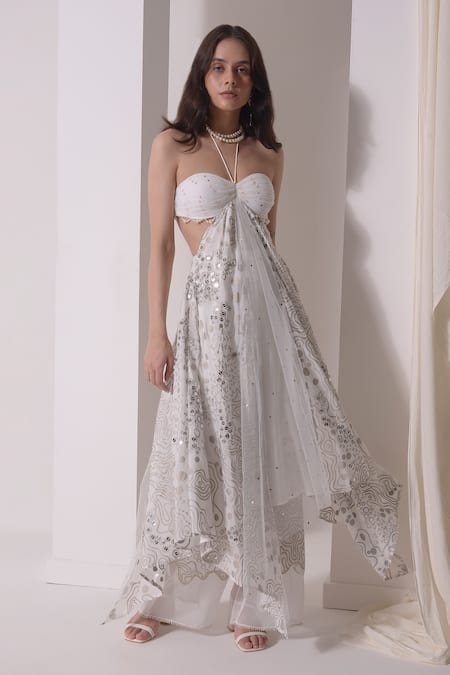Shop_Shwetanga_White Organza, Crepe, Muslin Sequins, Ruched Asymmetric Tunic With Flared Pant _Online_at_Aza_Fashions