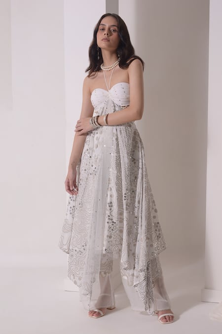 Shwetanga_White Organza, Crepe, Muslin Sequins, Ruched Asymmetric Tunic With Flared Pant _at_Aza_Fashions