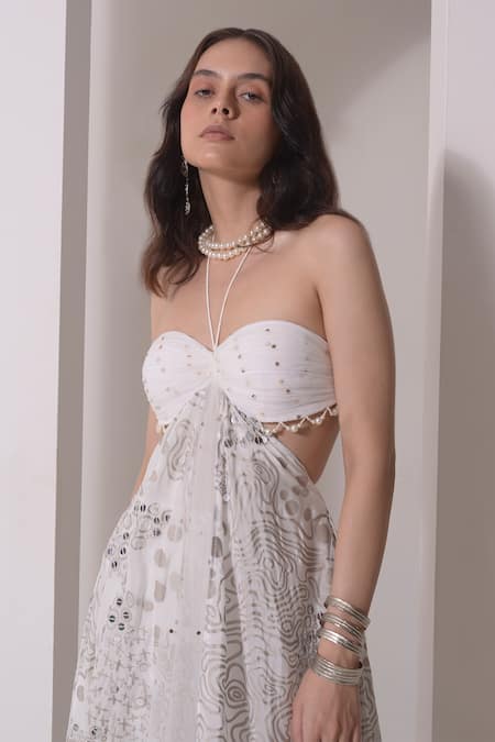 Buy_Shwetanga_White Organza, Crepe, Muslin Sequins, Ruched Asymmetric Tunic With Flared Pant 