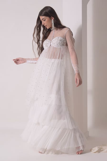 Shop_Shwetanga_White Organza, Tulle Mukaish Embellished Sheer Jacket With Layered Sharara _Online_at_Aza_Fashions