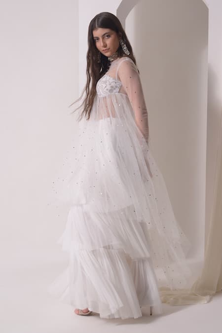 Shwetanga_White Organza, Tulle Mukaish Embellished Sheer Jacket With Layered Sharara _at_Aza_Fashions